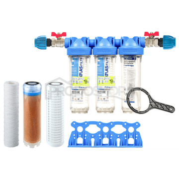 Sada filtra Senior 10" TRIO. Komplet pripojenie 1". Filtrácia nečistôt a vodného kameňa (QA CF-SX)