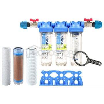 Sada filtra Senior 10" TRIO. Komplet pripojenie 1". Filtrácia nečistôt, redukcia železa a mangánu ( FE  SX)