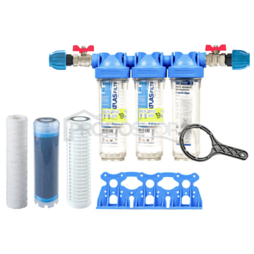 Sada filtra Senior 10" TRIO. Komplet pripojenie 3/4". Filtrácia nečistôt, zápachu a chuti (LA-SX)