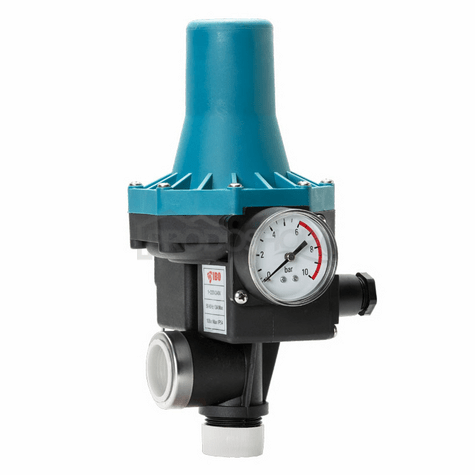 Schéma zapojení: Řídící jednotka BRIO PC-13 je elektronický tlakový spínač s manometrem. Chrání čerpadlo proti běhu nasucho. Má manuální RESET spínač. Pro čerpadla do výkonu 1.3kW.