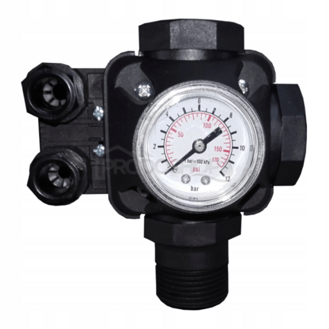 Schéma zapojení: Tlakový spínač PC-2 s manometrem se používá s 230V čerpadly. Rozsah regulace tlaku je 1,6 - 4,6 bar.