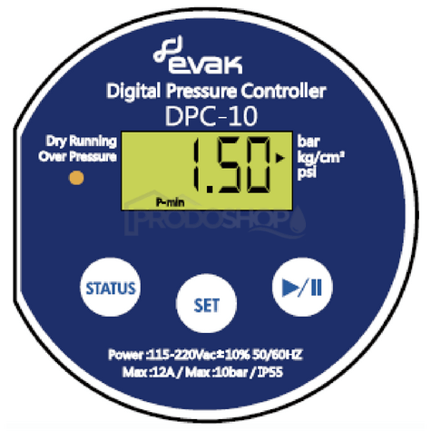 Schéma zapojenia: Digitálny tlakový spínač DPC 10 (s pripojením) má ochranu proti behu nasucho . Umožňuje nastaviť spínací a vypínací tlak v rozsahu od 0,01 do 10 bar.