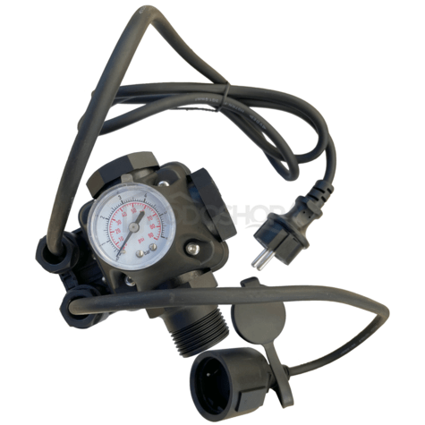 Bekötési rajz: A manométerrel ellátott PC-2 nyomáskapcsolót 230 V-os szivattyúkhoz használják. A nyomásszabályozás tartománya 1,6 - 4,6 bar.