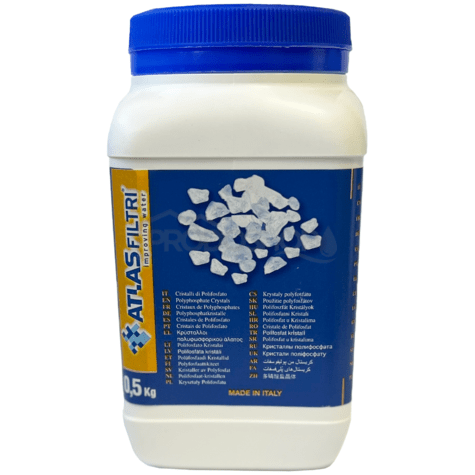 Bekötési rajz: Töltet csere polifoszfát kristályok 0,5 kg DOSAL szűrőkhöz a használt víz lágyítására.