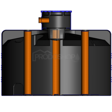 Schéma zapojenia: Podzemná plastová nádrž na vodu V 5000L Undergroud má nízkoprofilový a odolný dizajn. Je dodávaná s poklopom, prechodkami na 2x hrdlá DN 100/Ø110 mm a 2x krytkami. Je vyrobená rotačným lisovaním, bez zvarov a švov, pre maximálnu tesnosť.