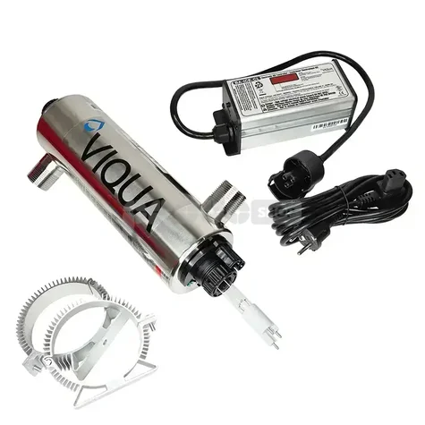 Schéma zapojenia: UV lampa na vodu VIQUA VH200 dezinfikuje vodu ultrafialovým žiarením bez chémie. Prietok až 1,6 m³/h pri dávke 40 mJ/cm², vhodná pre stredné a väčšie domácnosti.