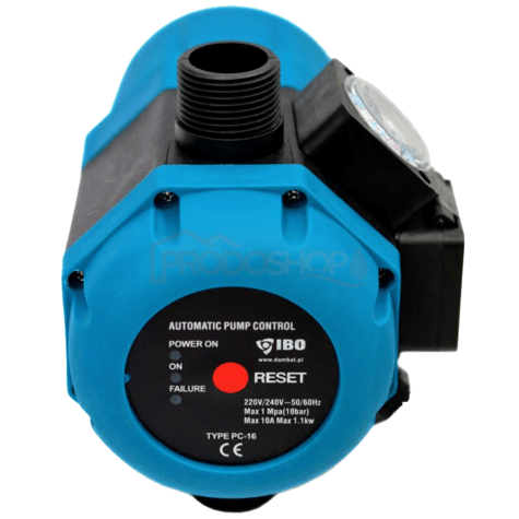 Schéma zapojení: Řídící jednotka PC-16 s tlakovým spínačem a manometrem. Chrání čerpadlo proti běhu nasucho. Má funkci AUTORESTART. Pro čerpadla do výkonu 1.1kW.2