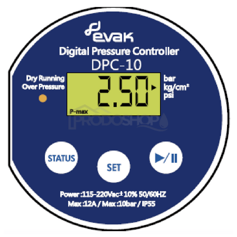 Schéma zapojenia: Digitálny tlakový spínač DPC 10 (s pripojením) má ochranu proti behu nasucho . Umožňuje nastaviť spínací a vypínací tlak v rozsahu od 0,01 do 10 bar.2