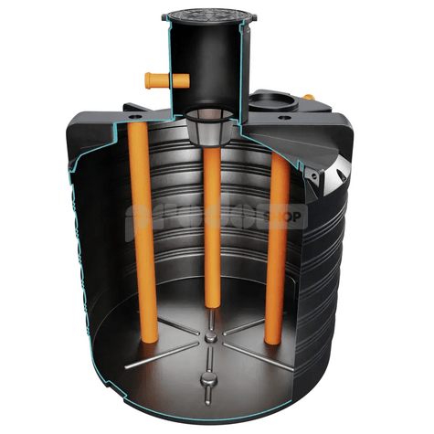 Bekötési rajz: A V 8000L földalatti műanyag víztartály alacsony profilú és tartós kialakítású. Fedéllel, 2x DN Ø110x500 mm-es fúvókához való adapterekkel és 1x Ø110 mm-es fúvókához szállítjuk. Forgóöntéssel, hegesztések és varratok nélkül készül a maximális tömörség érdekében.2