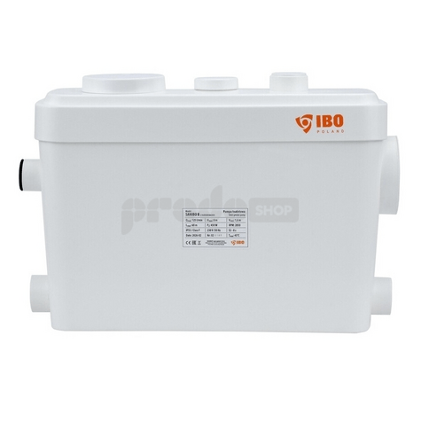 Schéma zapojení: SANIBO B je přečerpávací čerpadlo pro splachování WC s účinným drtičem z nerezové oceli AISI 304 a bočním vstupem.2