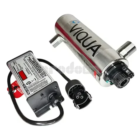Schéma zapojenia: UV lampa na vodu VIQUA VH200 dezinfikuje vodu ultrafialovým žiarením bez chémie. Prietok až 1,6 m³/h pri dávke 40 mJ/cm², vhodná pre stredné a väčšie domácnosti.2