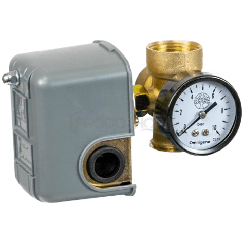 Schéma zapojení: Čerpadlo má tlakový spínač a manometr