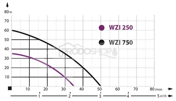 Křivka výkonu čerpadla: Domácí vodárna WZI 750/100l  Křivka výkonu čerpadla: Domácí vodárna WZI 750/100l